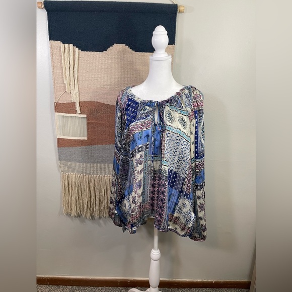 Anthropologie Tops - Anthropologie By Together Blue Patchwork Gold Stitches Peasant Bobo Blouse ML/XL